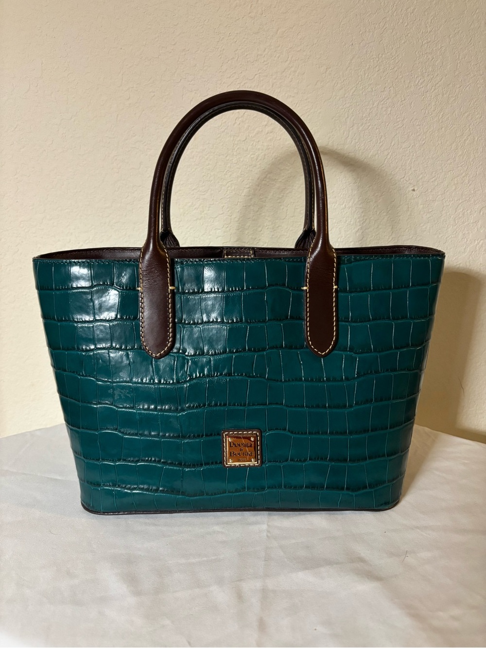 Dooney & Bourke Teal Croc-Embossed Tote with Brown Trim